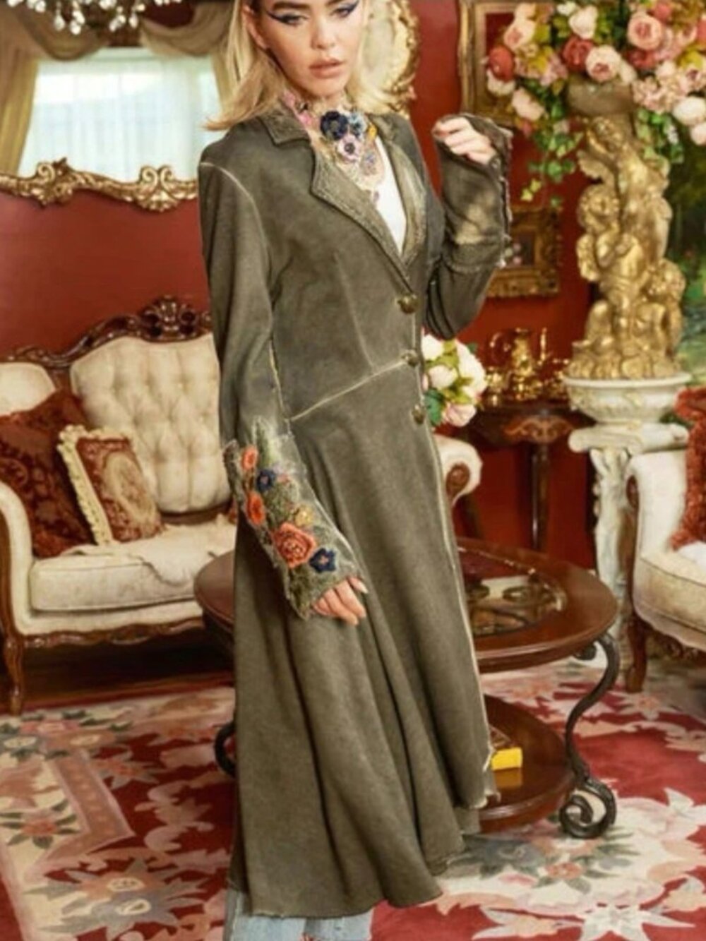 Aratta The Heart of Autumn Cotton Button-Down Floral Long Coat Green SZ S M L - Picture 6 of 10